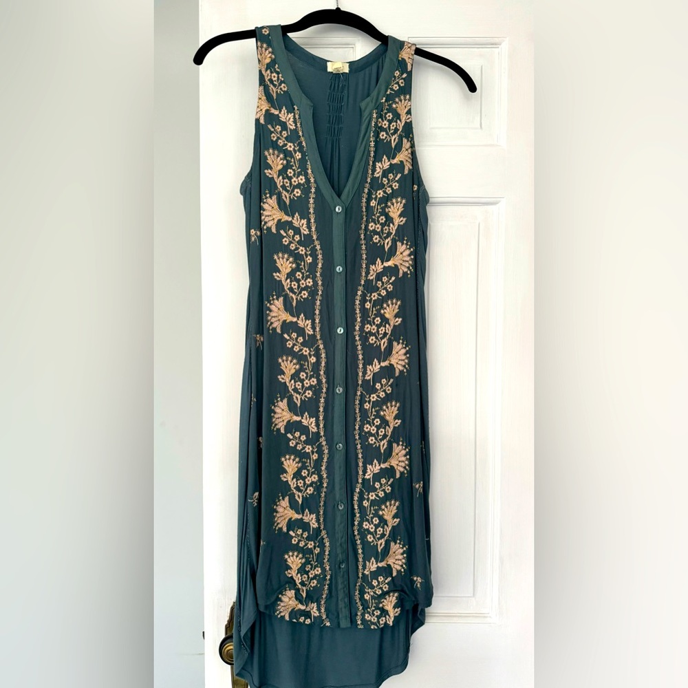 Anthropologie floral embroidered shirt dress